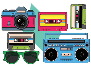 Retro 80s vibe featuring a boombox camera sunglasses and cassette tapes illustration