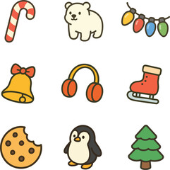 Holiday winter icon set featuring cute Christmas elements