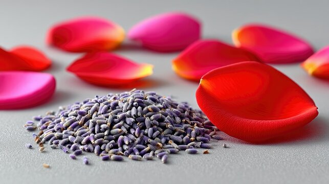 A close-up shot shows a pile of dried lavender seeds next to vibrant red and pink rose petals scattered on a smooth gray surface. The lighting is soft and highl