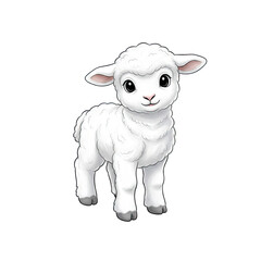 Fluffy White Baby Sheep Standing Digitally Illustrated with Soft Features and Black Eyes on Transparent Background