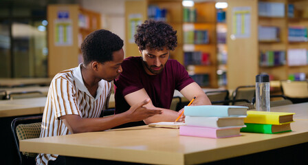 Indian two male pupil sitting on desk table do study talk new project task work share plan ideas young adult gen z boys man guys pair hold pencil look book read exam notes task indoor library place