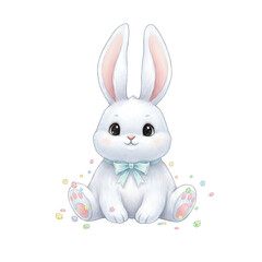 Fluffy white bunny rabbit with pastel bow tie sitting amidst colorful confetti on transparent background cute easter illustration
