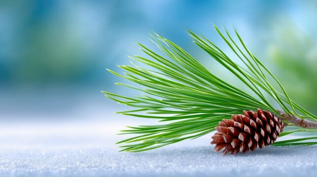 Close-up of a pine branch with a pine cone resting on snow, with a blurred blue and green background, evoking a winter or Christmas theme. - Powered by Adobe