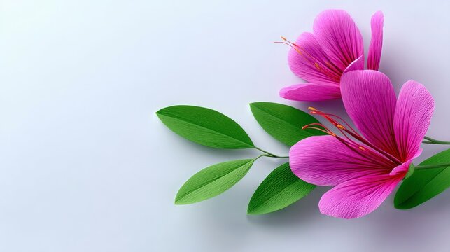 Close-up of pink flowers and green leaves arranged on a white background, creating a minimalist and elegant composition. - Powered by Adobe