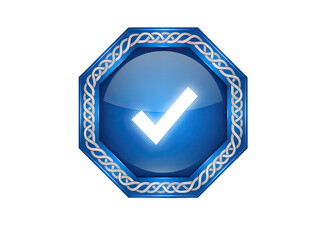 Glossy Octagonal Emblem With Silver Celtic Knot Border And White Check Mark Symbol Centered On A Black Background
