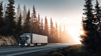 A truck navigates a serene road surrounded by tall pine trees as the sun rises, casting a warm glow over the landscape. The tranquil early morning scene evokes a sense of adventure