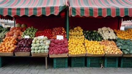 Stalls are filled with a variety of fresh fruits, including oranges, grapes, and melons. Bright colors attract shoppers at this lively market in the afternoon sun