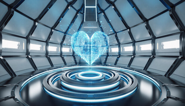 Digital heart hologram in futuristic technology room