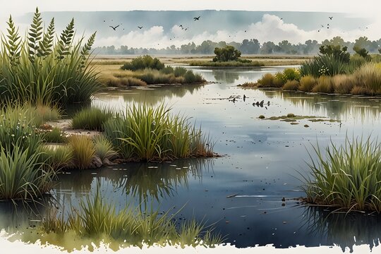 An educational setup showing wetland wildlife and plants