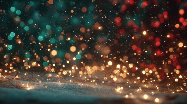 Blurred bokeh lights in blue, red, and gold tones. Snowflakes fall amidst the fairy light backdrop.