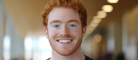 Close-up portrait of a smiling young man with bright red, curly hair and freckles, light blue eyes, and a happy expression. He's in a blurred indoor setting