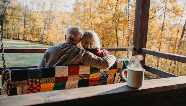 Elderly couple embracing on a porch swing, enjoying autumn nature view.
