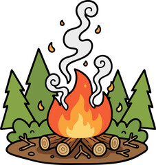 Cartoon Forest Campfire with Smoke on Light Green Background – Cozy Bonfire Vector Illustration