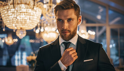 Confident man in elegant suit adjusting tie in luxurious setting