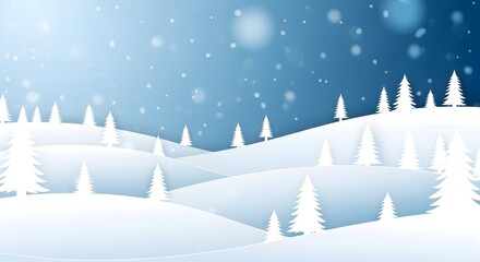 Winter landscape with snow covered hills and pine trees