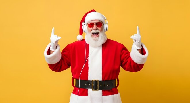 Santa claus wearing headphones and heartshaped sunglasses, dancing - Powered by Adobe