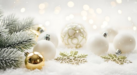 Elegant christmas ornaments and pine branches on snowy background