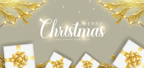 Golden Christmas & New Year Greeting Card with Gift Boxes and Pine Accents