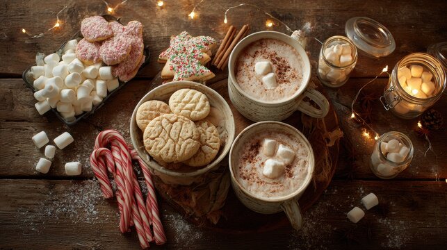Cozy winter treats: warm cocoa with marshmallows, sugar cookies, and candy canes on a wooden table.