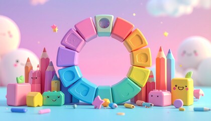 Circular loader made from colorful toy blocks, crayons, and playful shapes. Soft pastel colors and friendly characters cheer as progress increases.