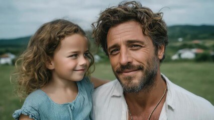 Father and daughter share a joyful moment together in a scenic outdoor setting during a sunny day