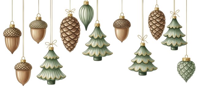 Collection of hanging christmas ornaments isolated on white background
