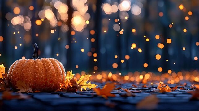 A close-up of a pumpkin with autumn leaves on a wooden surface, with bokeh lights in the background, creating a warm, inviting atmosphere.