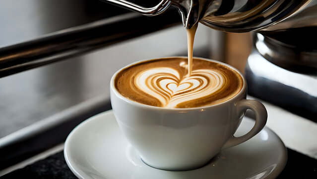 Coffee Barista Pouring Latte Art – Close-up of milk stream forming heart pattern in cup