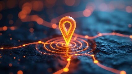 Glowing location pin on a textured surface with radiating circles and connecting orange lines blurred