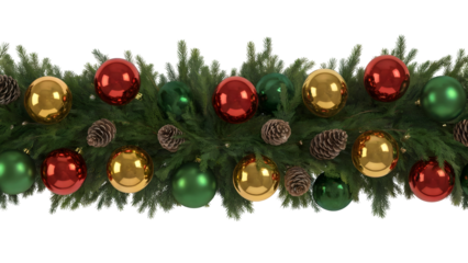 Festive Christmas garland with multiple shiny red gold and green ornaments and natural pinecones isolated on transparent background