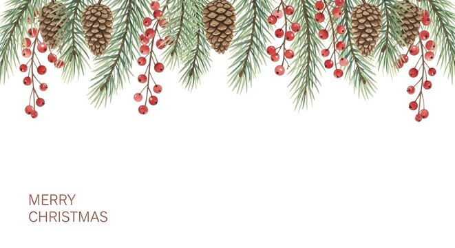 Christmas garland with pine cones and red berries isolated on white background - Powered by Adobe
