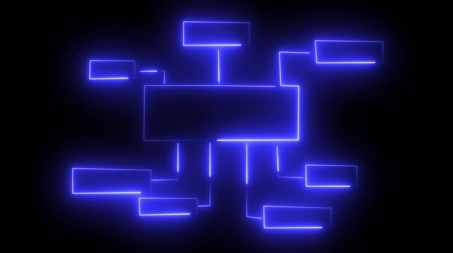 Blue Neon Flowchart Diagram with Rectangular Boxes Keywords: flowchart, diagram, process, organization, structure, business, planning, strategy, neon, light, glowing, blue, outline, shape, icon