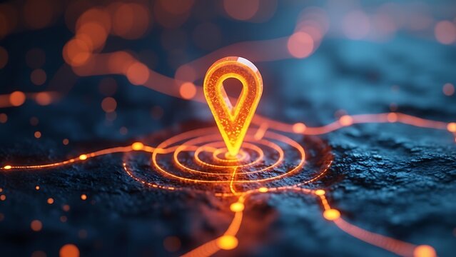 Glowing location pin on a textured surface with radiating circles and connecting orange lines blurred