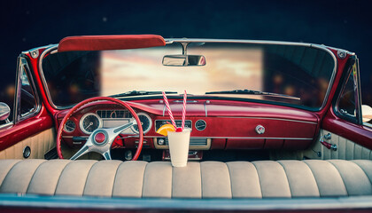 Vintage convertible car interior with a refreshing drink at a drive-in movie