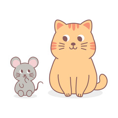 Cute orange tabby cat and small grey mouse sitting together. Represents friendship, animal companions, and harmony between natural enemies. Kawaii pet characters. Vector illustration.