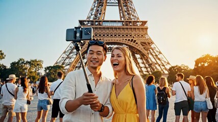 asian man white woman eiffel selfie, golden hour romance, smiling couple taking selfie with stick in crowded paris plaza, sunlit iron tower backdrop, tourists milling, summer dress, candid travel