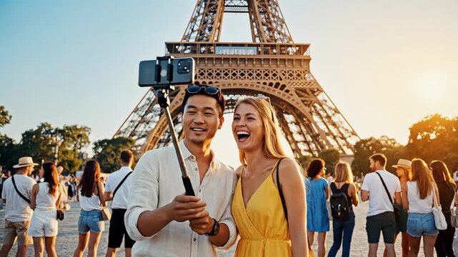 asian man white woman eiffel selfie, golden hour romance, smiling couple taking selfie with stick in crowded paris plaza, sunlit iron tower backdrop, tourists milling, summer dress, candid travel