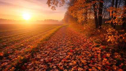 Autumnal Path Lined with Fallen Leaves Leading into a Sunset Silhouette, Whisk_bb5ed7b3c22163992d44a694c3fade7feg
