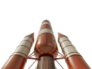 Multi-stage rocket with powerful booster engines poised for launch into space, isolated on transparent background