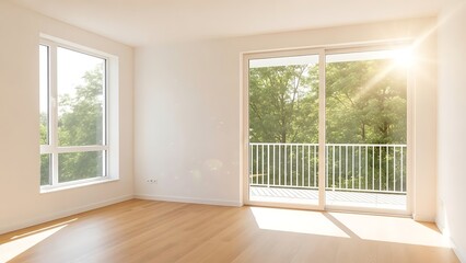 Bright empty room with hardwood floors and large windows overlooking green trees and a white balcony rail