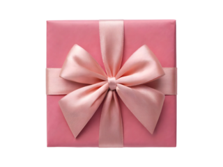 Pink square gift box with a satin ribbon bow on top isolated on transparent background