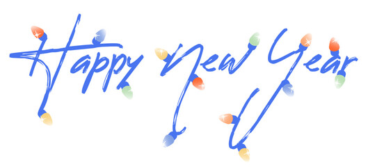 Happy New Year handwritten text with colorful holiday lights