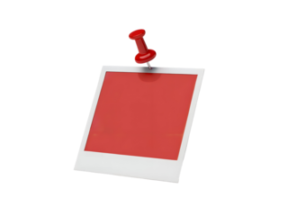 Red pushpin affixing a blank instant photo frame with a red center to a surface isolated on transparent background