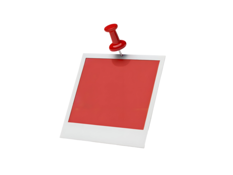 Red pushpin affixing a blank instant photo frame with a red center to a surface isolated on transparent background