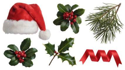 Santa hat, holly sprigs with red berries, pine branch, and red ribbon for holiday celebration isolated on transparent background
