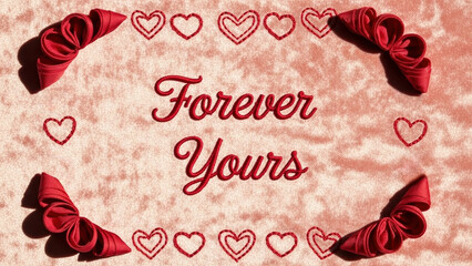 Forever yours romantic valentine card with red hearts and ribbon decoration