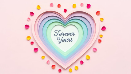 Forever yours layered heart design with colorful petals on pink