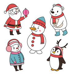 Cute Cartoon Winter Characters Illustration Element Set for Christmas Celebration Design
