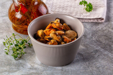 Peeled mussels heap in the bowl