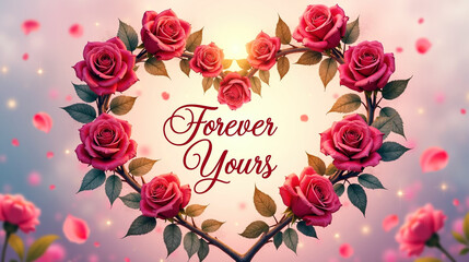 Forever yours romantic heart wreath with pink roses and falling petals